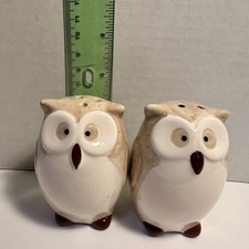 Vintage White Ceramic Owl Salt Pepper Shakers Brown Eyes Figural Pair picture
