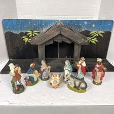 VTG Nativity Set Japan Paper Mache Figures Folding Wood Manger Complete Triptych picture