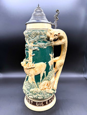 Vintage German Hunting Beer Stein Pewter Lid–Waidmannslust Hebt Die Brust 16in. picture