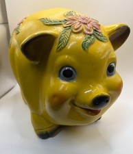 Rare VTG Large Silvestri Bros Co 1966 Vintage Yellow Piggy Bank Floral Ceramic picture