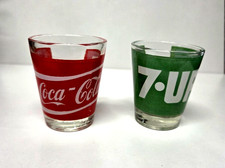 Vintage Set of 2 Coca-Cola and 7-UP  SHOT GLASSES 1 oz red green picture