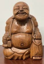 Vintage Hand-Carved Wooden Laughing Buddha Figurine picture