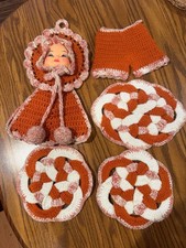 Vintage Crochet Doll Face Potholder Set Orange White picture