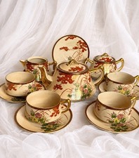 Vintage Kutani Japan Tea Set 13 Pc Autumn Maple Crackle Glaze Gold Trim Teapot picture