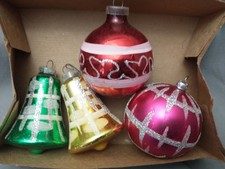 4 Blown Glass Mica Glitter Christmas Vintage Ornaments West Germany Bells picture