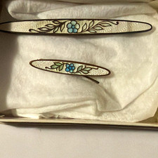 Antique Edwardian Guilloche Enamel Brass Bar Pins Duo picture