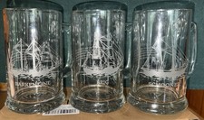 Set of 3 Javit Crystal Clipper Schooner Ship Etched Glass Beer Mug Steins picture