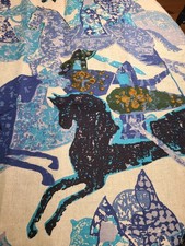 Vtg 5th Avenue Fabric 60's Mid-Century Equestrian Medieval Knights Joust Linen picture
