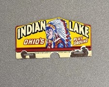 VINTAGE INDIAN LAKE PLATE TOPPER PORCELAIN SIGN CAR GAS MOTORCYCLE OIL TRUCK picture