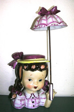 Vintage 1950’s Napco Girl With Umbrella Head Vase / Planter Purple picture