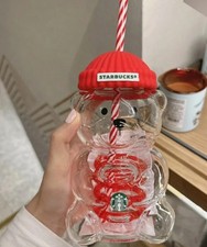 New Bearista Bear Glass Cup Red Hat Straw Tumbler Cute Christmas Gift Idea picture