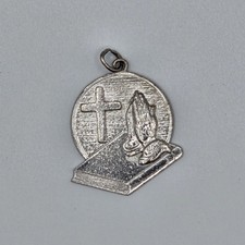 Vtg Sterling Silver 925 Religious Charm Pendant Medal Praying Hands Bible Cross picture