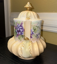 Antique Victorian Hand Painted Violets Biscuit Barrel Cookie Cracker Jar Urn picture