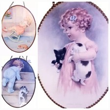 VTG Bessie Pease Gutmann Oval Art Print Wall Hanging Chain Little Girl Pets  picture
