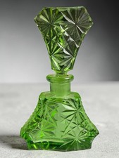 Vintage Czech Style Green Cut Crystal Perfume Bottle Starburst Stopper Art Deco picture