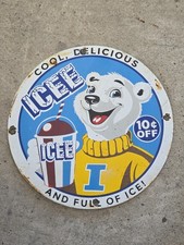 VINTAGE ICEE BEAR PORCELAIN SIGN Slushy Soda Gas Pump Sign 12