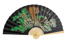 Large 60*35 in Oriental Wall Hanging Folding Fan in Tiger Painting Black Backgro picture