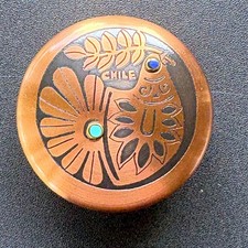 Chile Hand Etched Copper Trinket Box Bird Floral Turquoise Lapis Inlay Round picture