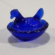 Cobalt Blue Glass Miniature Hen on Nest Salt Cellar Trinket Dish picture