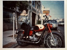 Pretty BIG HAIR Biker Woman 1964 YAMAHA YDS-3 Motorcycle Cars vtg Polaroid Photo picture