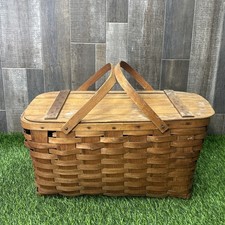 Vintage Jerywil Woven Wood Picnic Basket Split Lid Swing Handle Basket picture