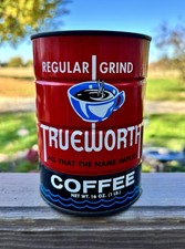 Vintage Vibrant True Worth 1 Pound Coffee Can-No Lid-Bay City Michigan-Decor Tin picture