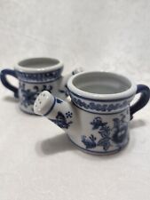 Vtg 70s Pair Of Blue & White Sm. Floral Porcelain Watering Can Planters 2 3/8