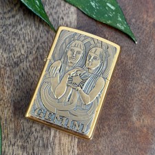 Vintage Brass Zippo Gemini Lighter 1999 Zodiac picture