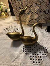 Vintage Pair of Mid Century MCM Solid Brass Swan Figurines Statues 5.5” & 4” picture