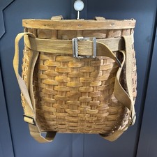 Antique Adirondack Pack Basket 17” Splint Wood Trapper Backpack Canvas Straps picture
