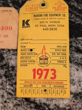 Vintage Nardini Fire Equipment Extinguisher Charge Tag St. Paul Minneapolis 1973 picture