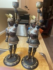 RARE 2 Antique Victorian Spelter Knight Candlesticks Figural 19th Century picture