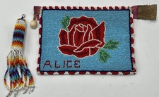 Vintage Native American Beaded Pouch & Keychain Set Plateau Rose Leather Back picture