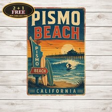 Pismo Beach California Surfing Metal Sign Retro Ocean Wave Wall Art Plaque picture