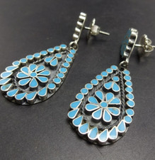 FEDERICO JIMENEZ SterlingSilver TURQUOISE Flat Flush Inlay EARRINGS Dishta Style picture