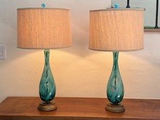 Pair Vintage Italian Art Glass Table Lamps Teal White Swirl MCM Brass 1960s picture