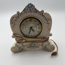 VTG Lanshire Electric Mantel Clock Ceramic Floral Gold Gilt Working 10