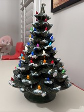 Authentic ARNEL’S ~ 18” Ceramic Christmas Tree 2 Piece Snow Flocked Lighted Vtg picture