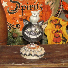 Primitive Retro Resin Grinning Black Cat Owl Vtg Style Halloween Bobble Head picture