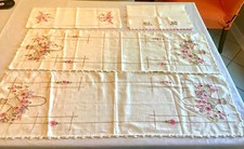 (4) Vintage Hand Embroidered Dresser Scarves, pink floral baskets, bouquets picture