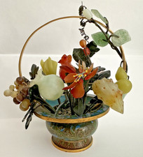 Vintage GUMP's Jade and Serpentine Stone Cloisonne Floral Fruit Basket, Mid-Cent picture