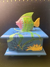 Vintage Hand Painted Wooden Fish Trinket Box Folk Art Coastal Decor Beach House picture