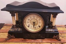 Antique Seth Thomas Black Adamantine Mantel Clock Faux Marble Pillars picture