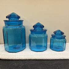 Mid Century LE Smith 10-Panel Bright Blue Glass Canister Apothecary Jars SET picture