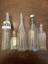 Lot of 5 Early Mid 1900’s glass bottles, honey, magnesia, fanta, tomato catsup picture