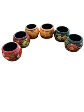 Vtg Set Of 6 Colorful Wooden Folksy Napkin Rings Floral Handpainted Boho Glossy picture