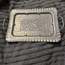 Vintage Hammered & Stamped Aluminum Platter Tray Roses 16” X 12” Handles picture
