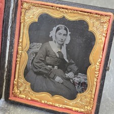 Antique 1850s Cased Tintype Photo Identified Eliza Scofield Floral Case picture