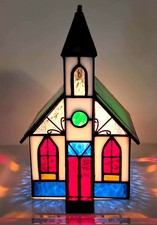 Vintage Stained Glass Town Church Lighted Decoration Holiday Creations 1995 picture
