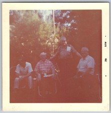 Vtg Color Snapshot Four Men Outdoors Lawn Chairs Plaid Shirts August 1962 picture